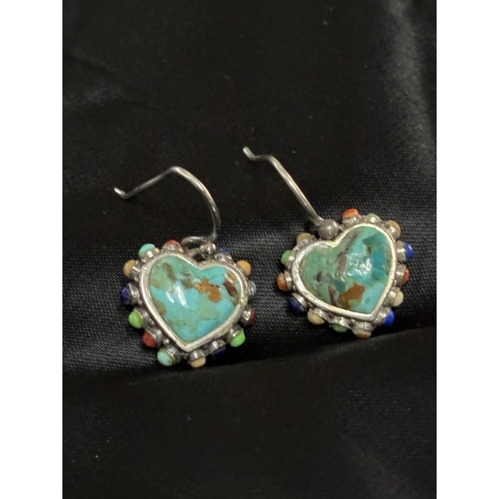 Barse 925 Sterling Turquoise Heart Dangle Earrings With Multi Gemstone Accent 1" - Picture 10 of 10